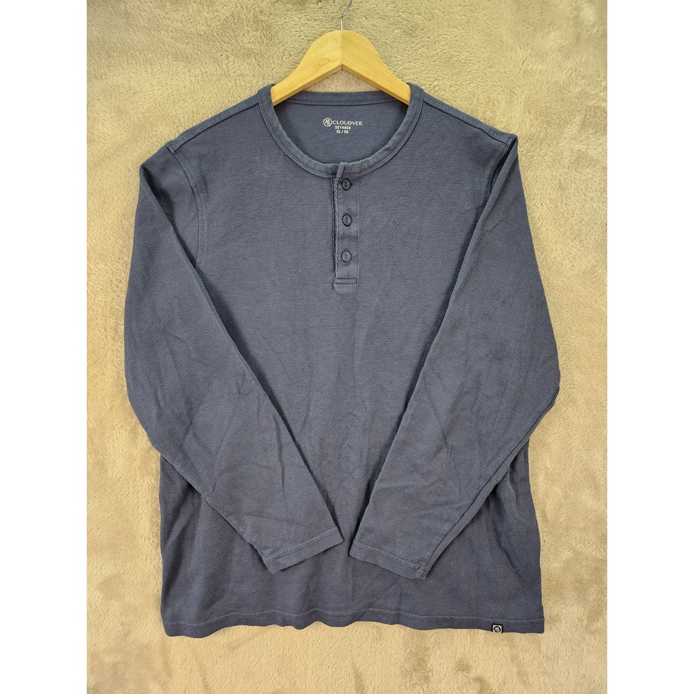 Cloudveil Men's Long-sleeve Waffle-knit Henley Shirt Dark Blue 3-button Placket - Picture 2 of 10